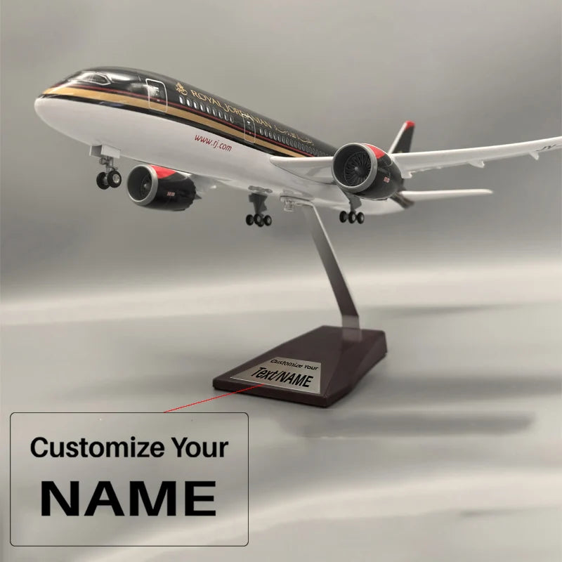Side view of Royal Jordanian Jordan Air Boeing 787 Airplane Model (1/130 Scale) aviation LED model airplane in diecast metal.