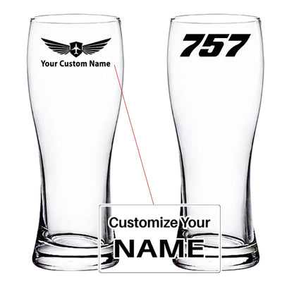 Boeing 757 Flat Text aviation design on pilsner glass, tall pilsner glassware.
