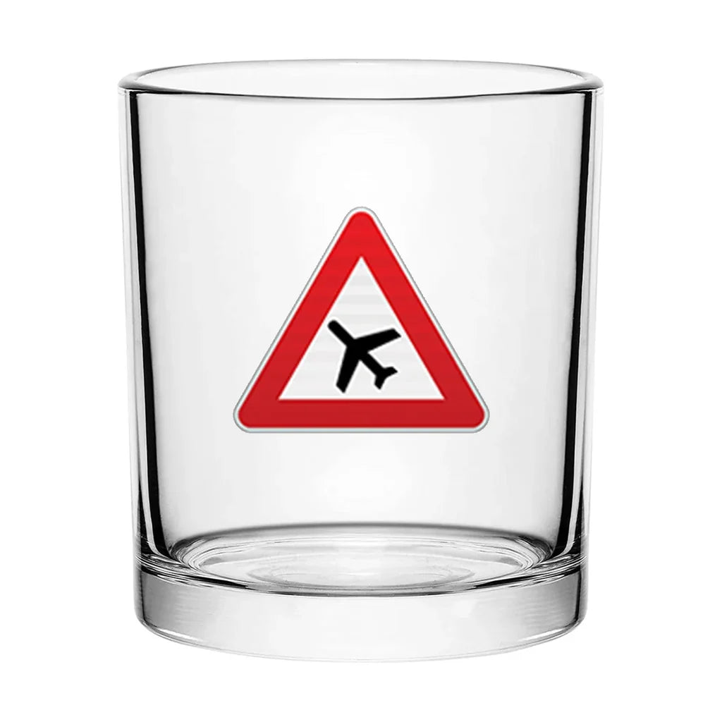 Warning Airplane aviation design on whiskey glass, special-edition crystal cut.