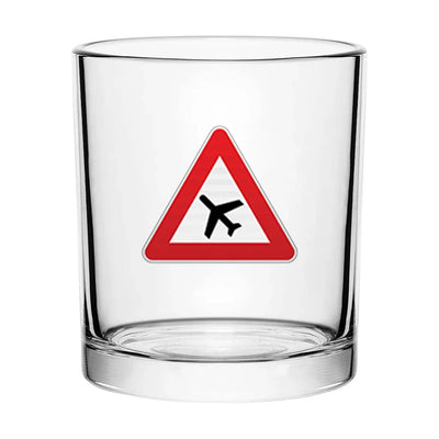 Warning Airplane aviation design on whiskey glass, special-edition crystal cut.
