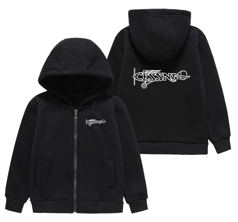 Special Cessna Text "CHILDREN" aviation print on kids soft cotton blend zipped hoodie.