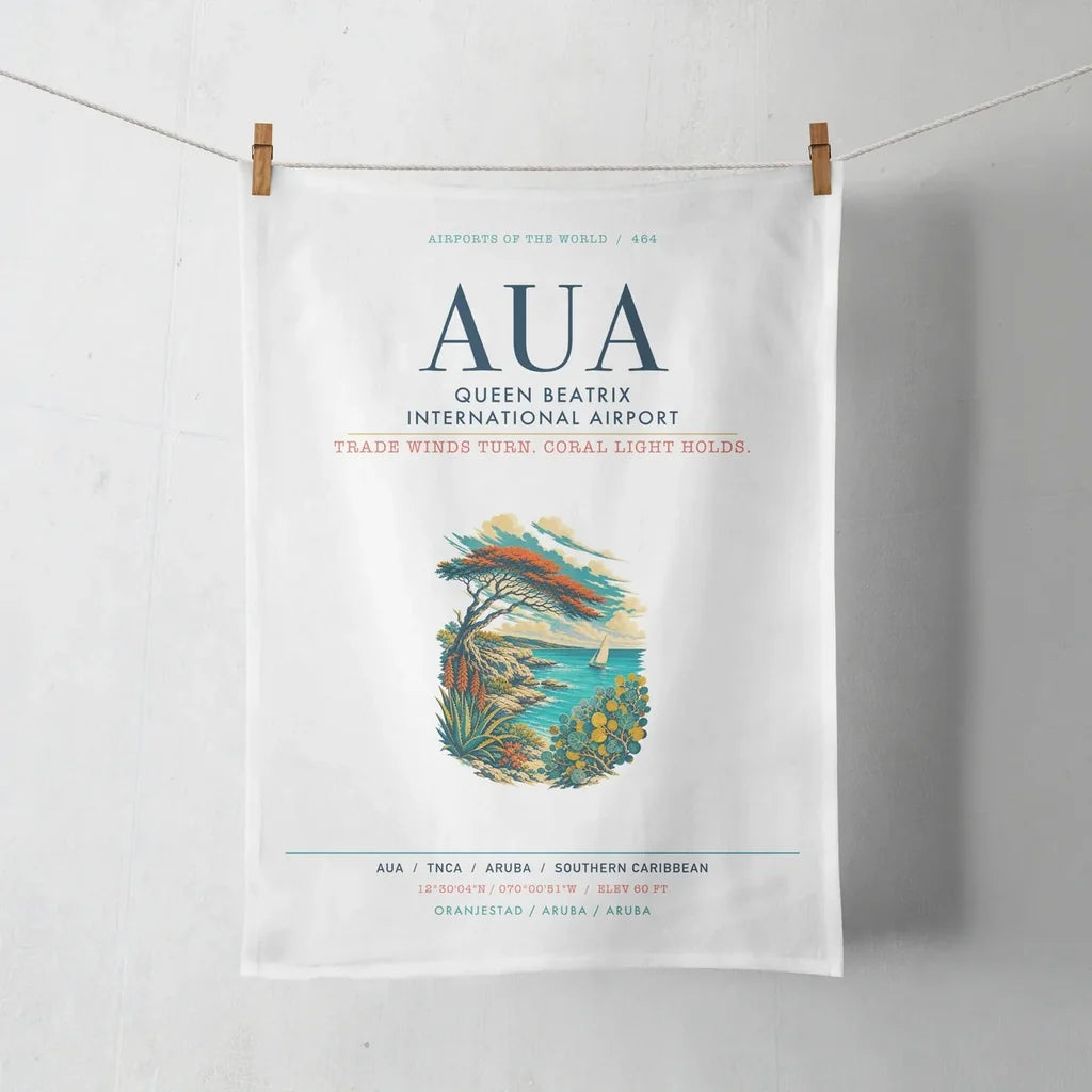 Queen Beatrix International Airport (AUA) design on white towel