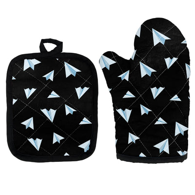 Paper Airplanes (Black) Kitchen Glove & Holder aviation design on durable fabric with insulated lining kitchen glove holder.