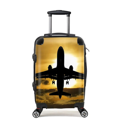 Departing Passanger Jet During Sunset Cabin Size aviation print luggage, durable shell.