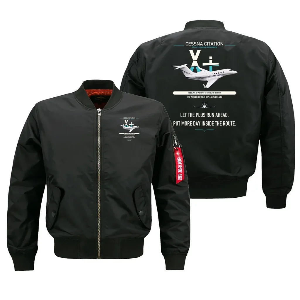Cessna Citation X+ design on black bomber jacket, double-side print
