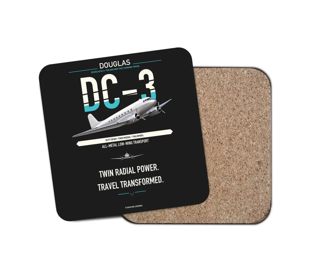 Douglas DC-3 design on black 1 piece coaster