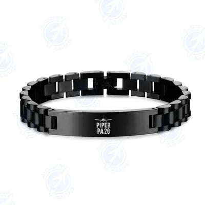 Side view of Piper PA28 & Plane aviation chain bracelet in stainless steel, polished finish.
