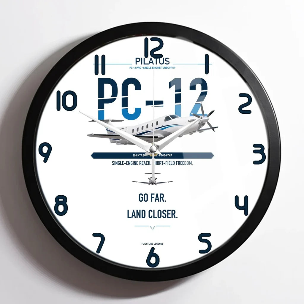 Pilatus PC-12 PRO design on white framed wall clock