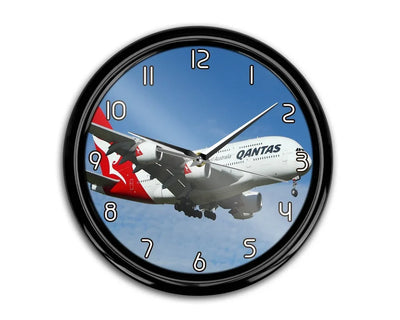 Landing Qantas Airlines A380 aviation themed wall clock, premium wood and metal.