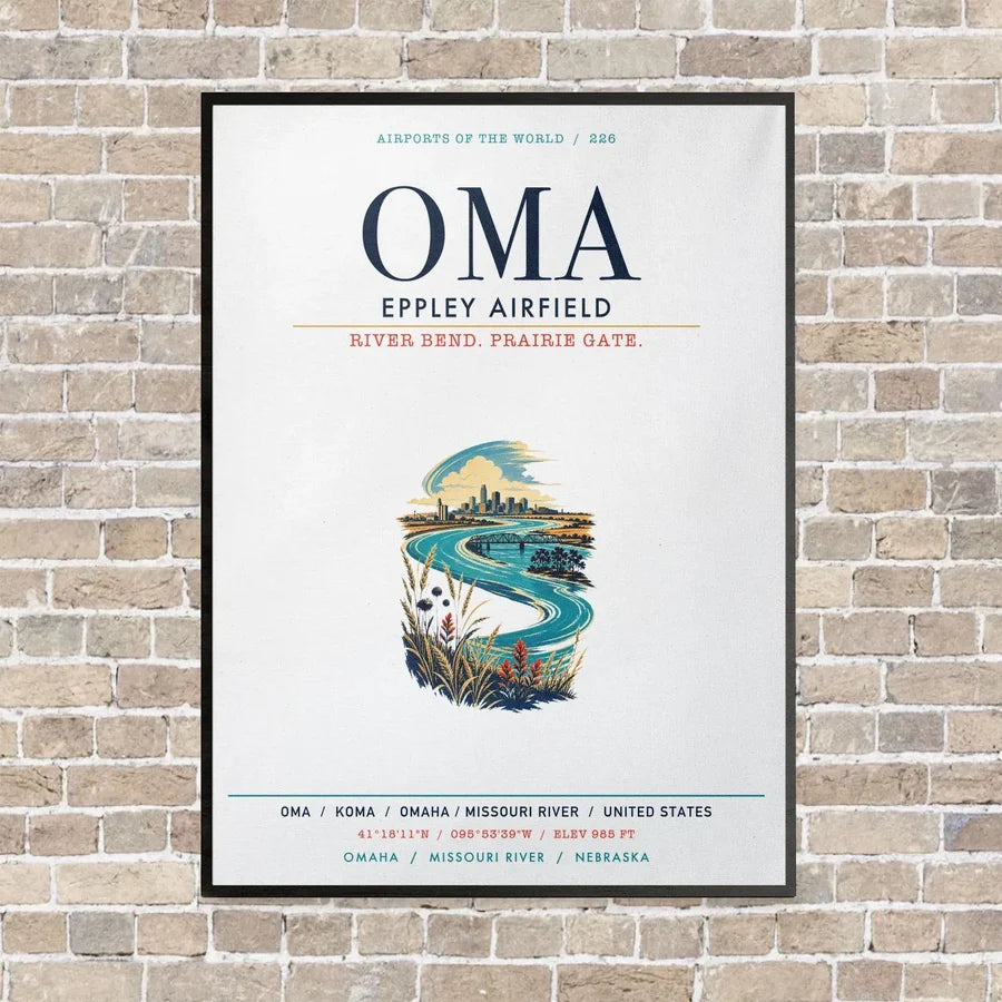 Omaha Eppley Airfield OMA vertical canvas print - framed - white background