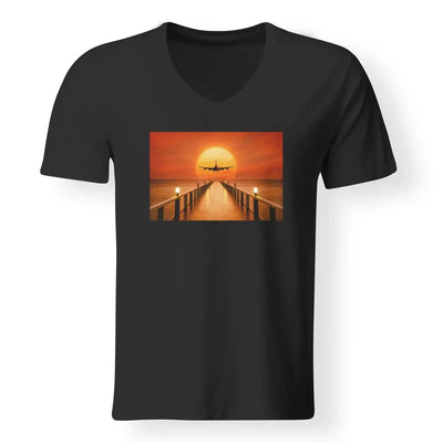 Airbus A380 Towards Sunset aviation design printed on soft cotton V-neck T-shirt.