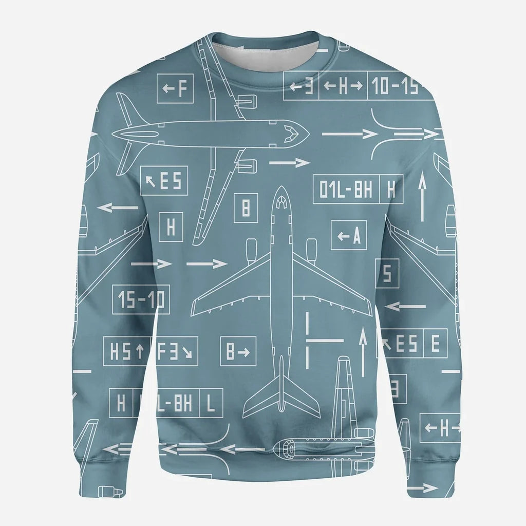 Jet Planes & Airport Signs aviation design printed on soft cotton blend 3D sweatshirt.