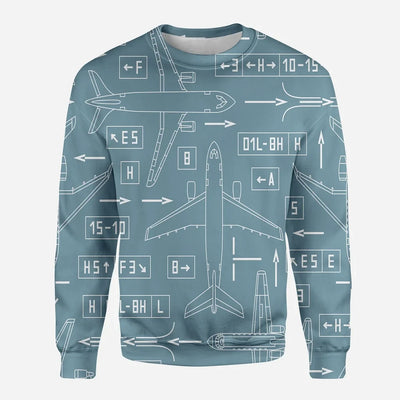 Jet Planes & Airport Signs aviation design printed on soft cotton blend 3D sweatshirt.