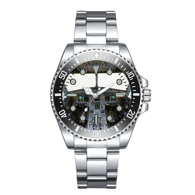 Side view of Airbus A320 Cockpit (Wide) Luxury Aviators aviation aviator watch in premium stainless steel, polished finish.