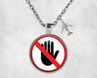 Thumbnail for Don't Touch Please aviation-themed necklace, polished stainless steel.