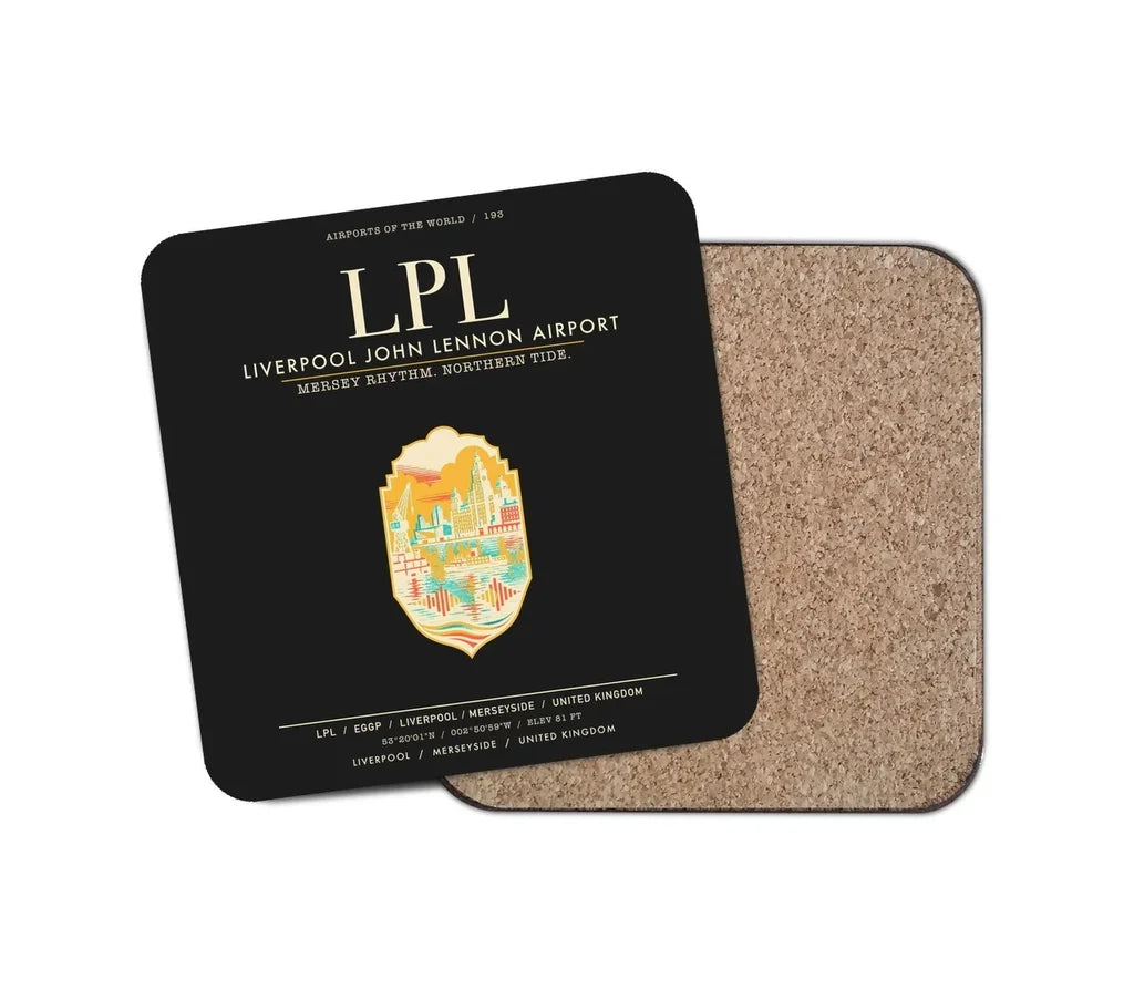 Liverpool John Lennon Airport (LPL) design on black 1 piece coaster