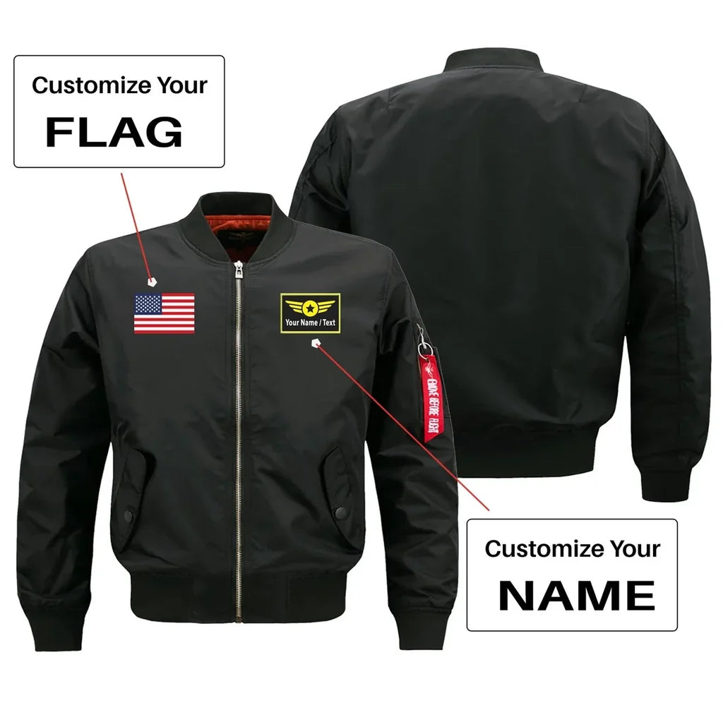 Custom Flag & Name with "Special Badge" aviation design printed on comfortable shell with classic fit designed jacket.