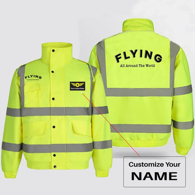 Flying All Around The World aviation design printed on insulated shell with high-visibility reflective panels reflective wint.