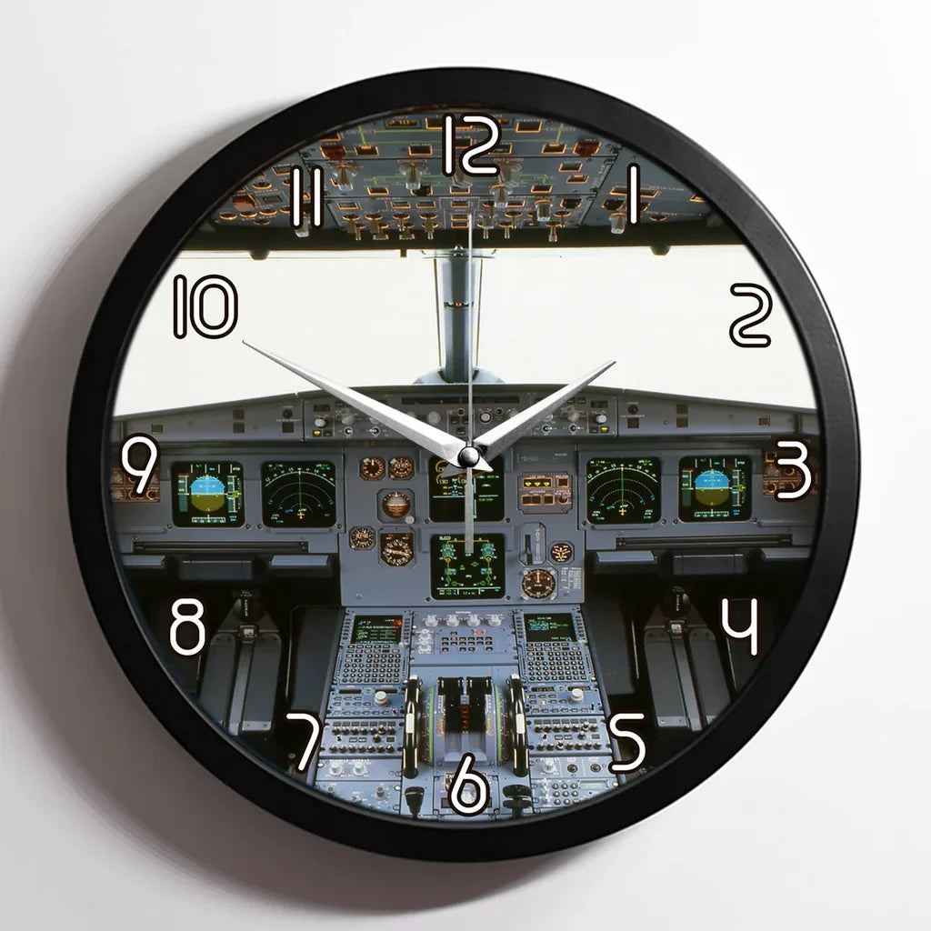 Airbus A320 Cockpit (Wide) aviation design on premium wood and metal wall clock.