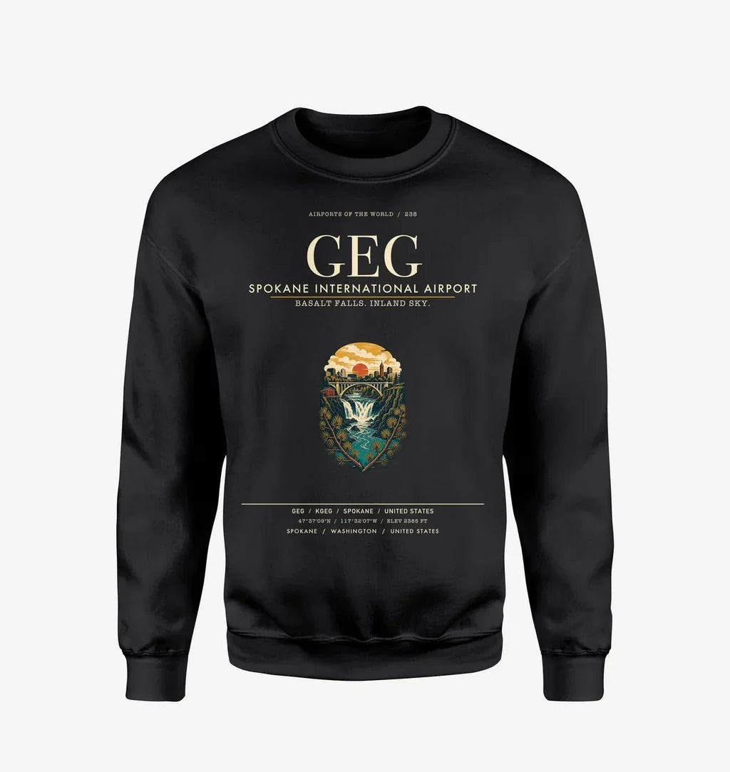 Spokane International Airport (GEG) design on black sweatshirt