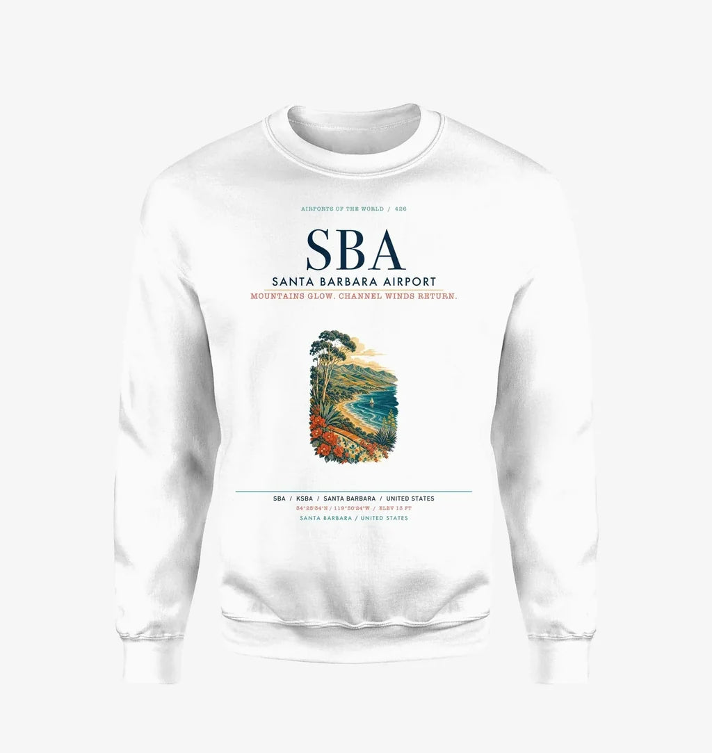 Santa Barbara Airport (SBA) design on white sweatshirt