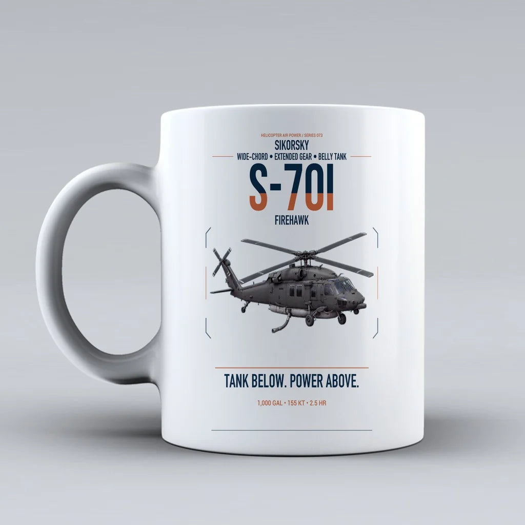 Sikorsky S-70i FIREHAWK design on white ceramic mug, double-side print