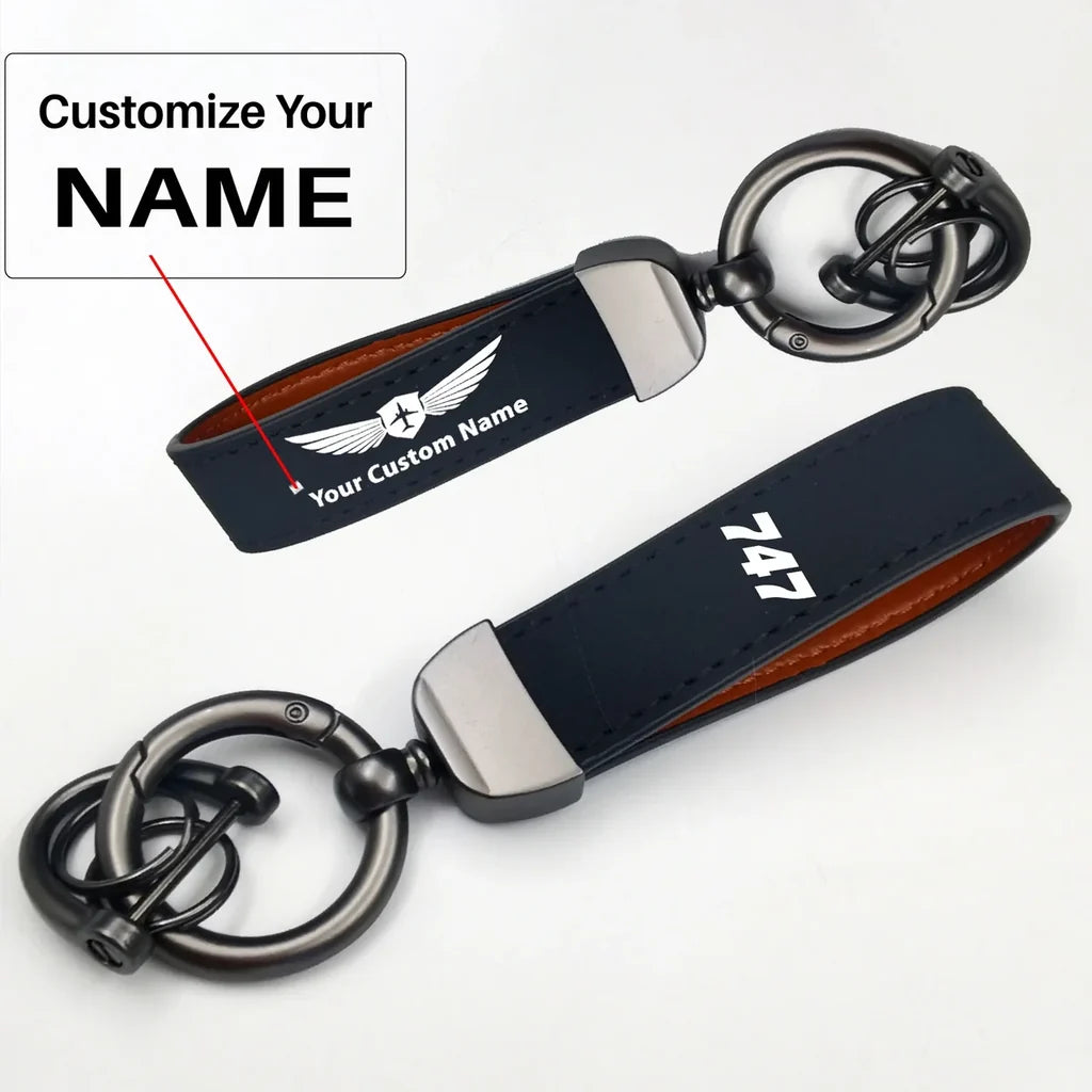 Side view of Boeing 747 Text aviation horseshoe-buckle key chain in polished metal alloy, polished finish.