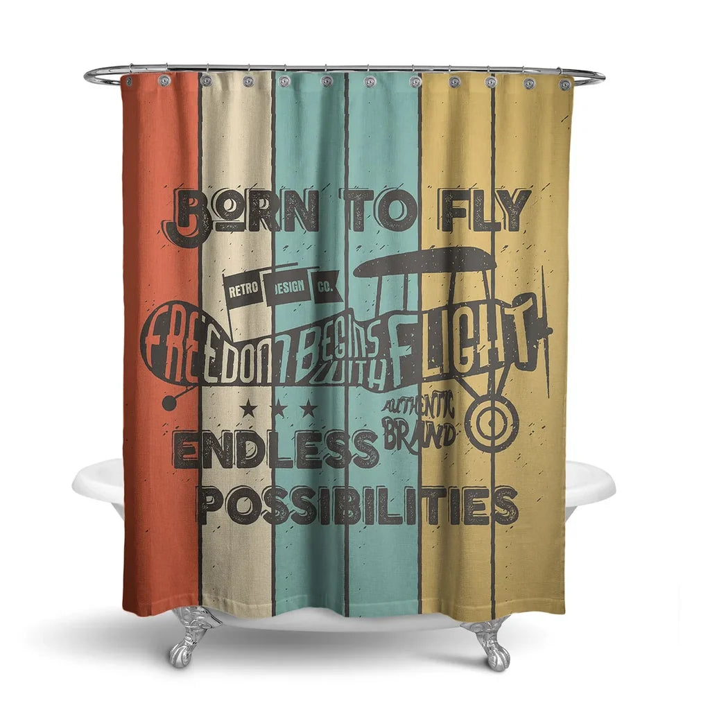 Colourful Born To Fly aviation design on waterproof polyester shower curtain.
