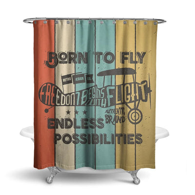Colourful Born To Fly aviation design on waterproof polyester shower curtain.