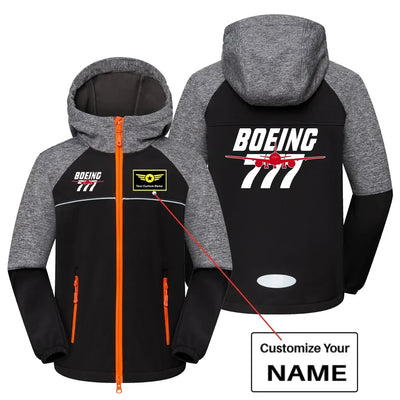 Amazing Boeing 777 aviation design printed on warm polar fleece kids' polar jacket.