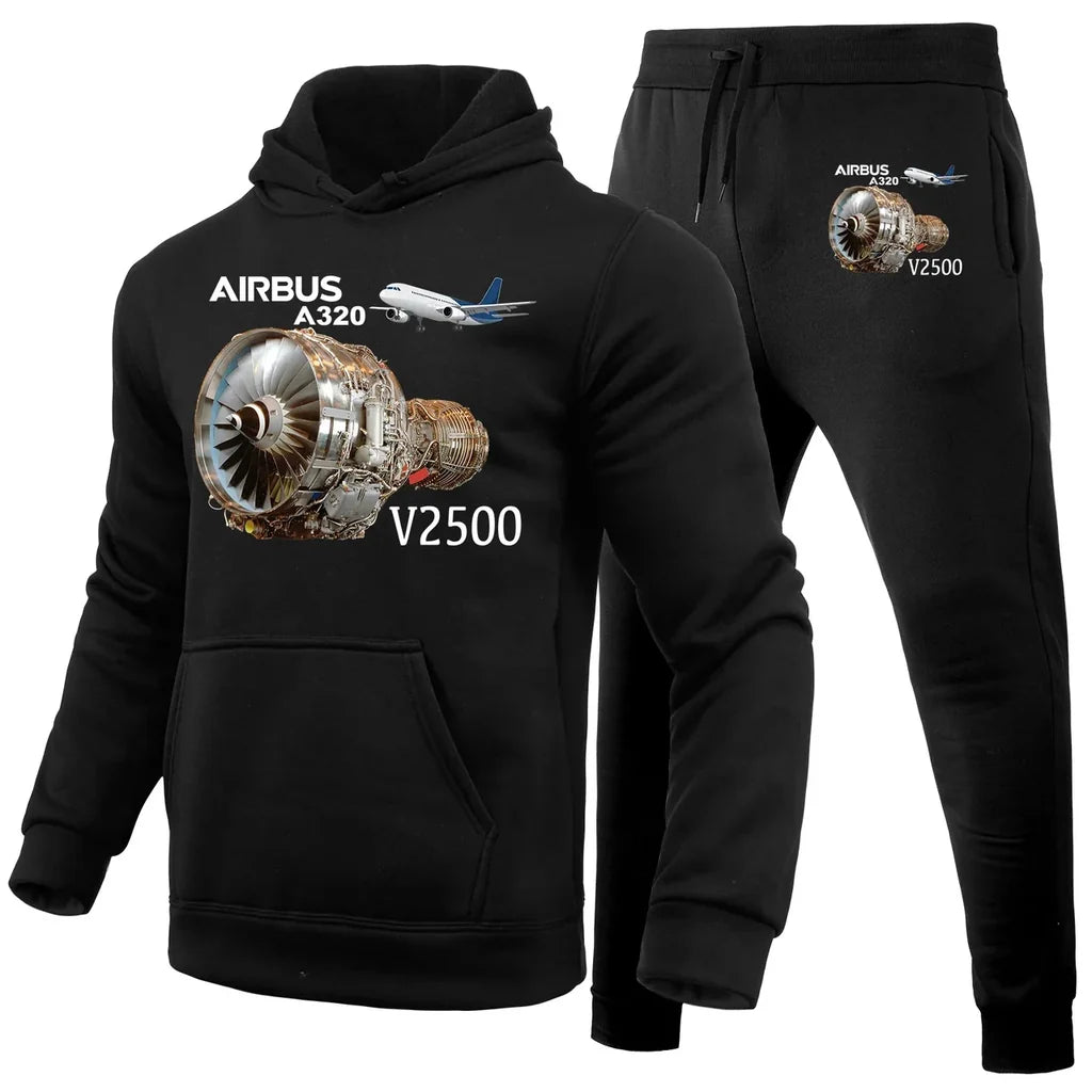 Airbus A320 & V2500 Engine aviation design on soft cotton blend hoodie and sweatpants set.