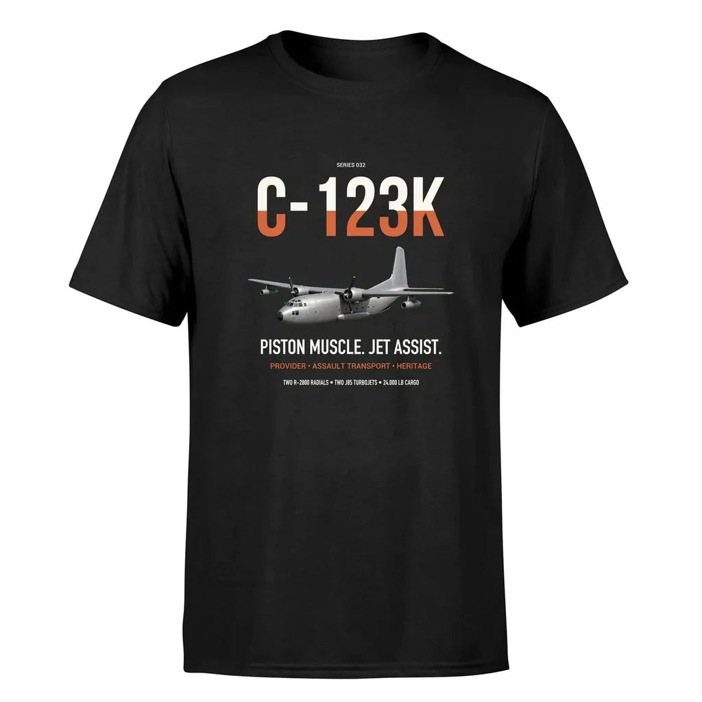 C-123K Provider design on black double-side t-shirt, single-side print