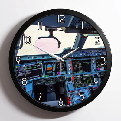 Airbus A350 Cockpit aviation design on premium wood and metal wall clock.