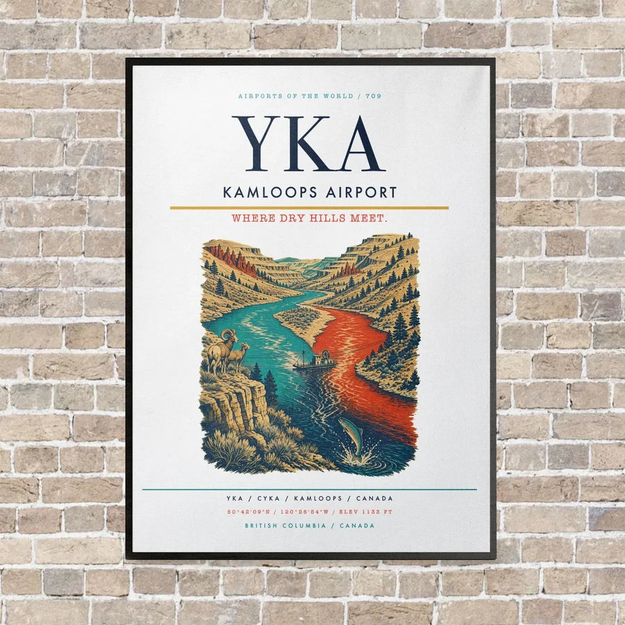 Kamloops Airport YKA vertical canvas print - framed - white background