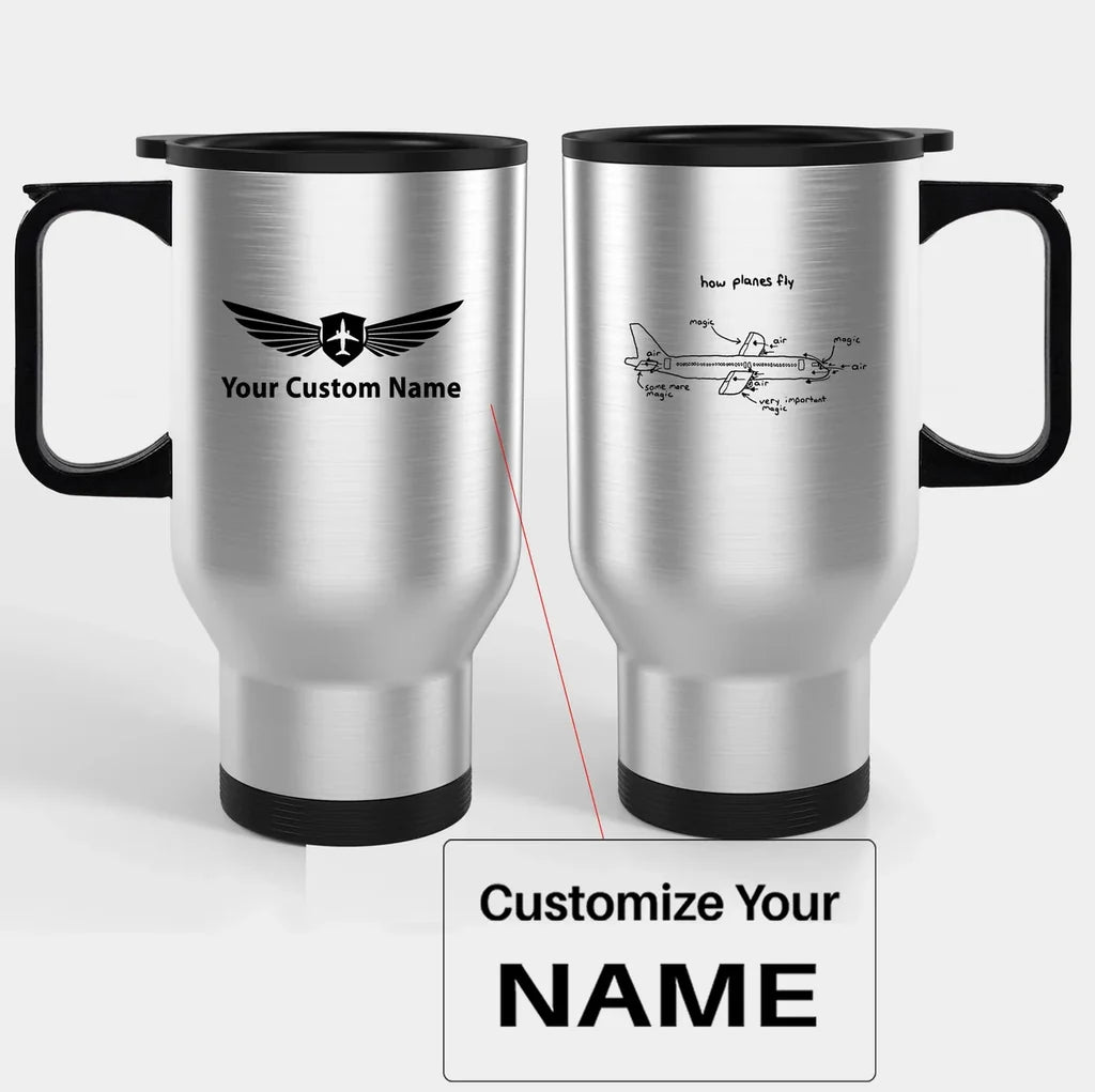 How Planes Fly Travel Mugs (With Holder) aviation design on travel mug with holder, insulated double-wall with car-cup base.