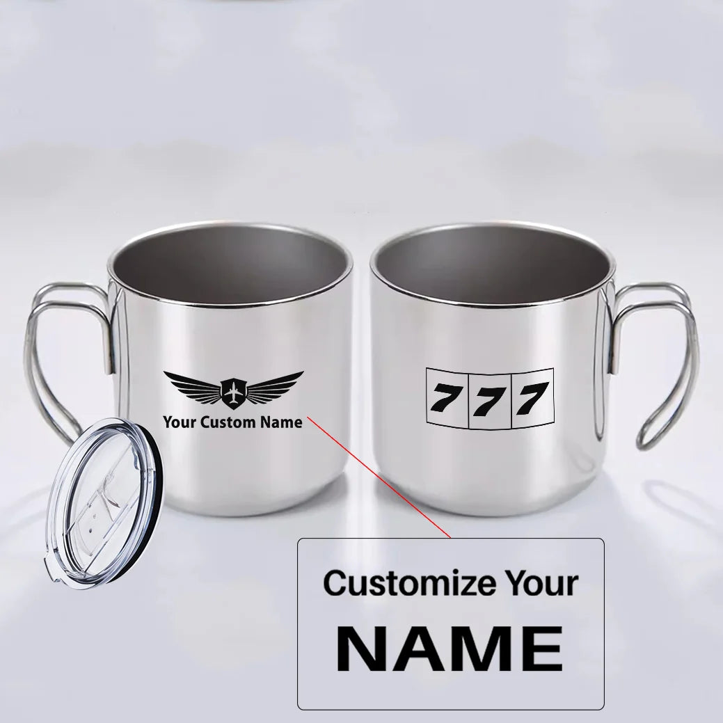 Flat Colourful 777 aviation design on portable mug, vacuum-insulated double-wall.