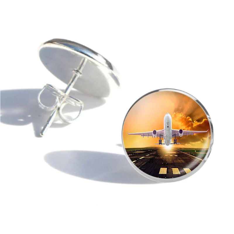 Amazing Departing Aircraft Sunset & Clouds Behind aviation-themed stud earrings, polished stainless steel.