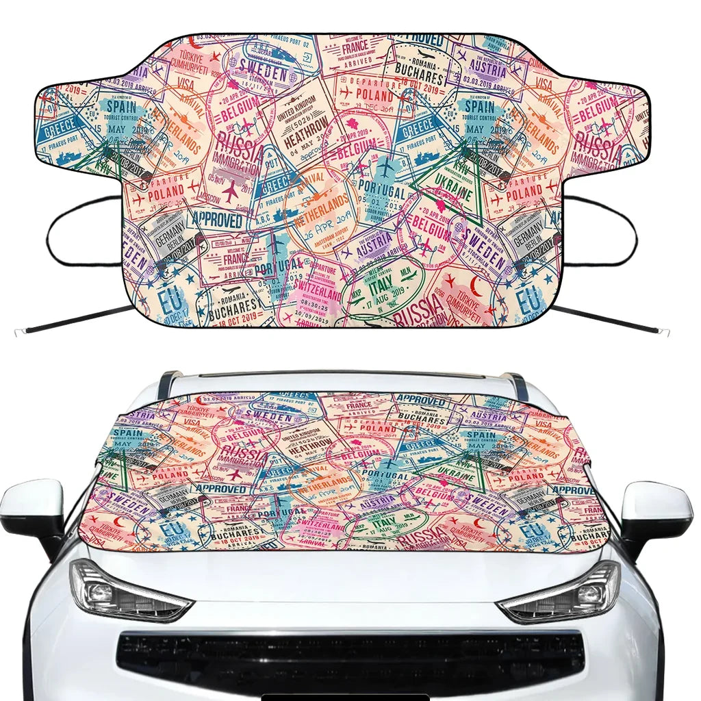 Passport Stamps Car aviation design on car windshield cover.