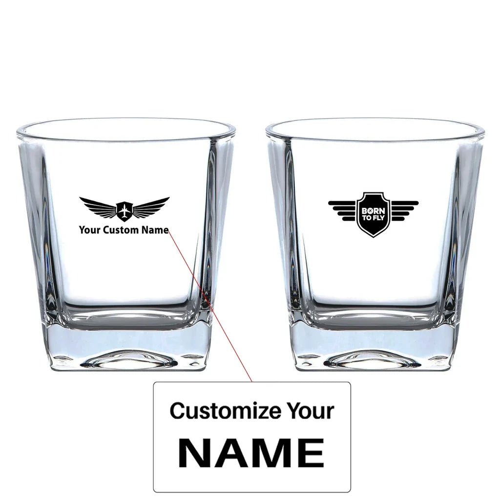 Born To Fly & Badge aviation design on whiskey glass, crystal-clear premium glassware.