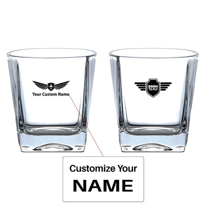 Born To Fly & Badge aviation design on whiskey glass, crystal-clear premium glassware.