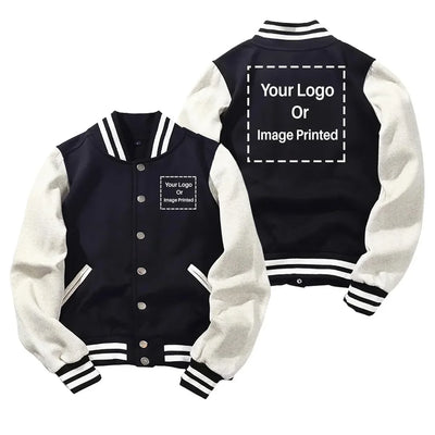Custom Double LOGO Baseball Style aviation design printed on two-tone shell with ribbed cuffs baseball jacket.