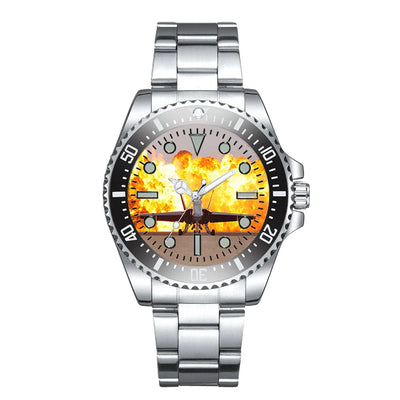Side view of Face to Face with Air Force Jet & Flames Luxury Aviators aviation aviator watch in premium stainless steel, poli.