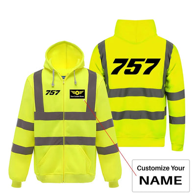 Boeing 757 Flat Text aviation design on cotton blend with reflective panels reflective zipped hoodie.