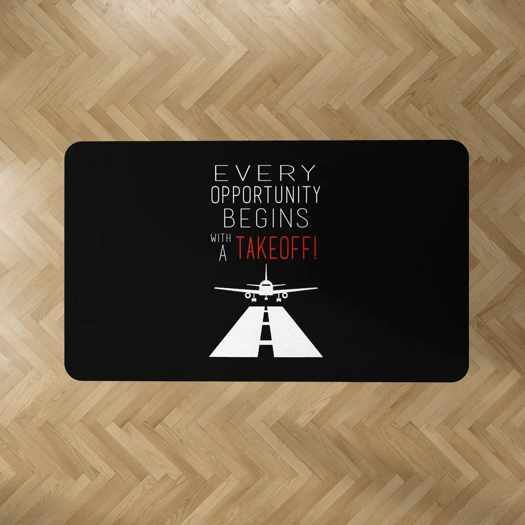 Every Opportunity aviation design on durable carpet pile with non-slip backing rectangle carpet floor mat.