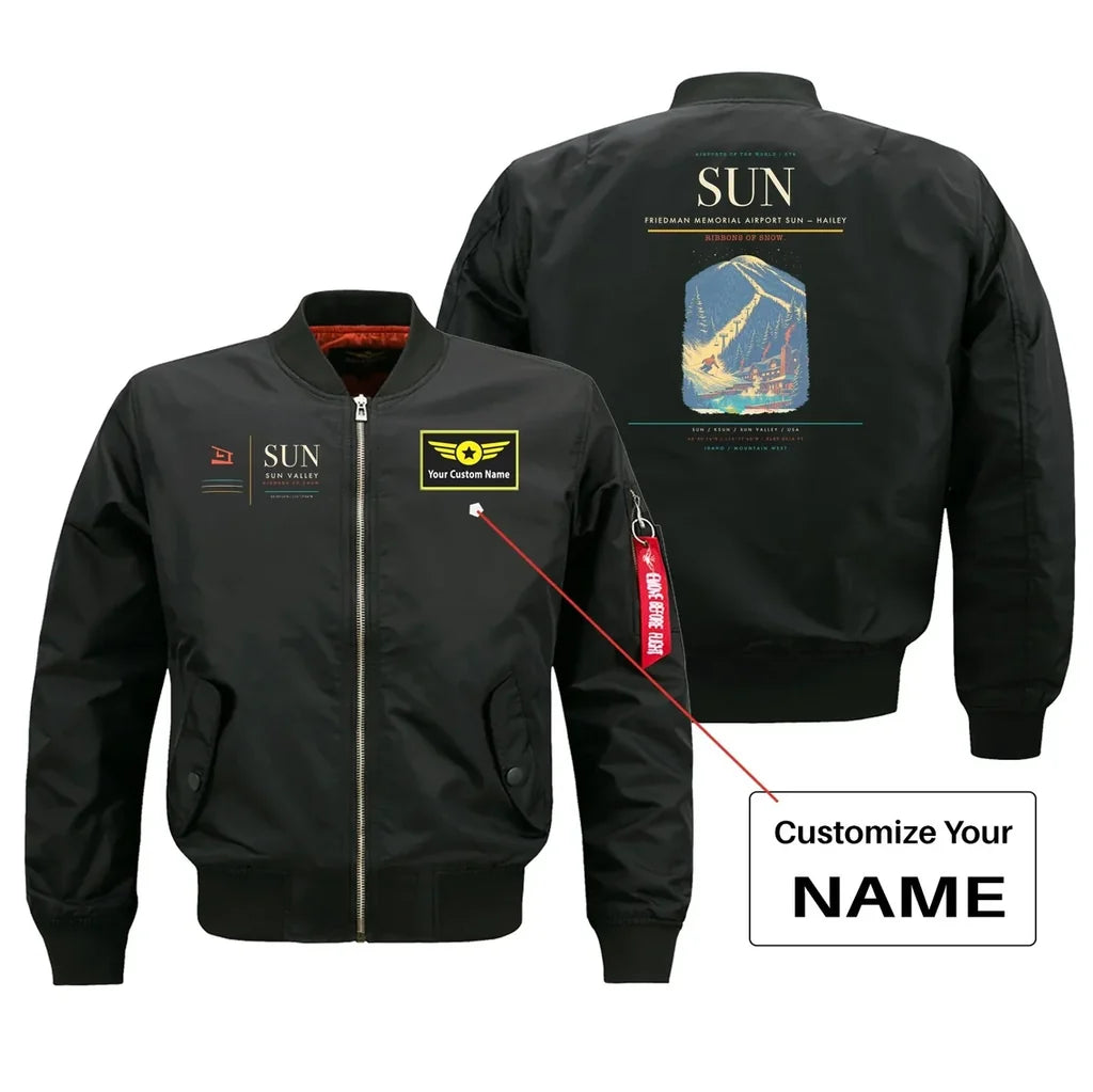 Friedman Memorial Airport (SUN) design on black bomber jacket with custom name patch