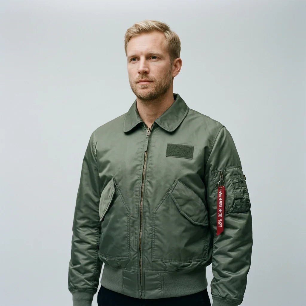 Pilot jacket on model — editorial
