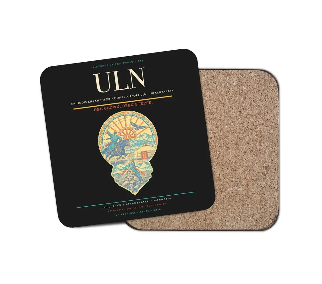 Chinggis Khaan International Airport (ULN) design on black 1 piece coaster