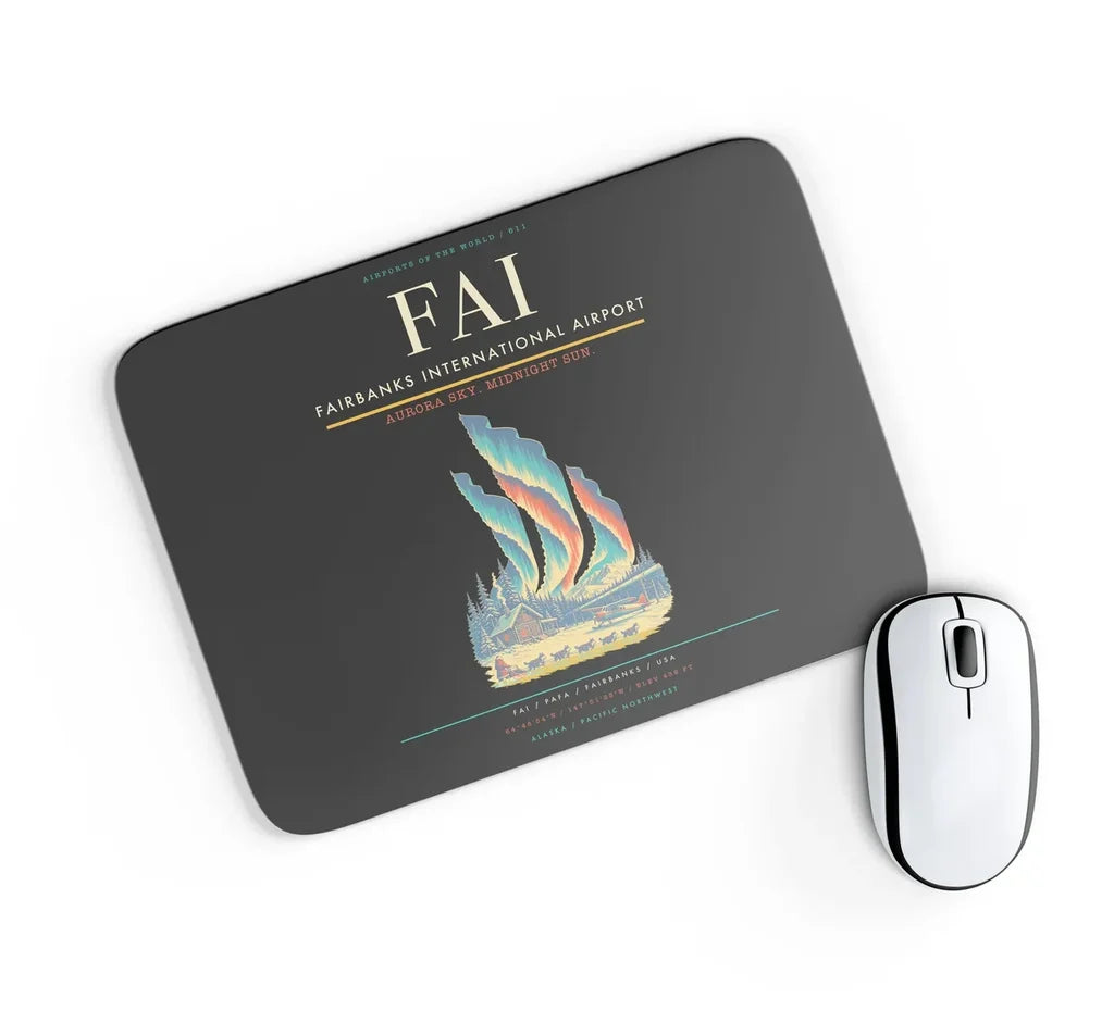 Fairbanks International Airport (FAI) design on black rectangle mouse pad
