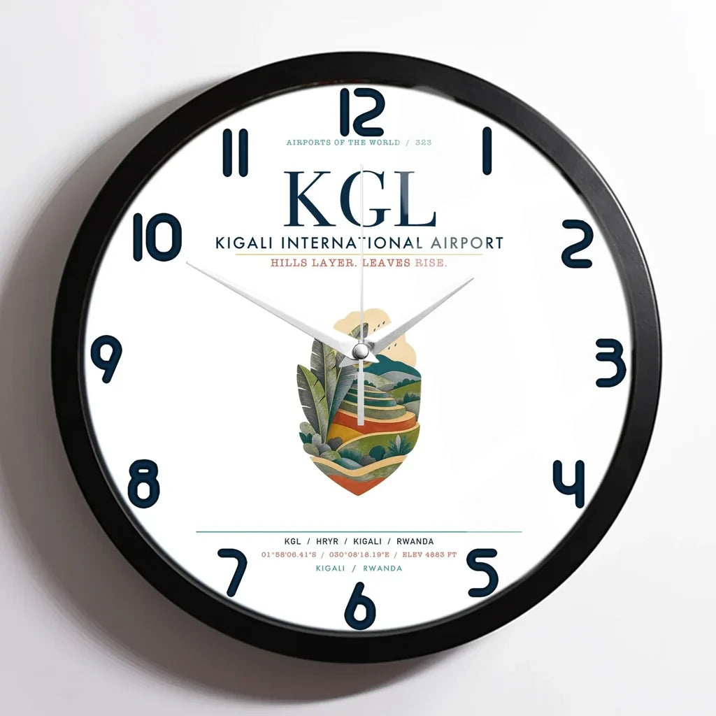 Kigali International Airport (KGL) design on white framed wall clock