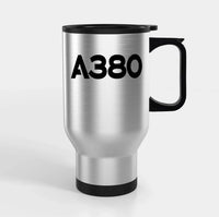 Thumbnail for Airbus A380 Flat Text Travel Mugs (With Holder) aviation design on travel mug with holder, insulated double-wall with car-cup.